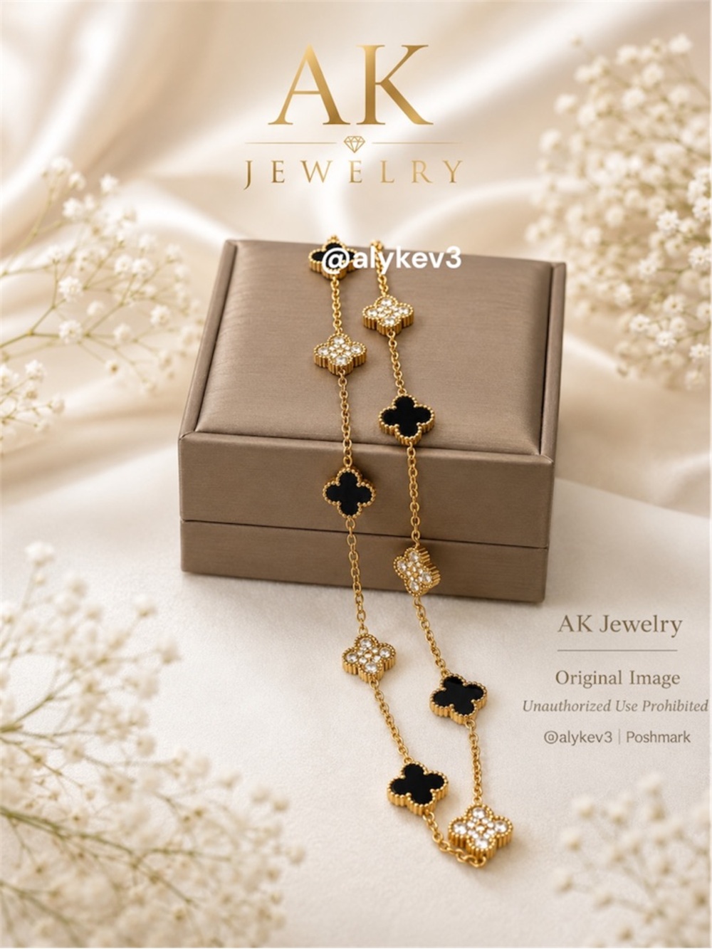 💎NECKLACE LUXURY 18k 10 Clover Necklace Black Onyx & Pavé Crystal Gold
